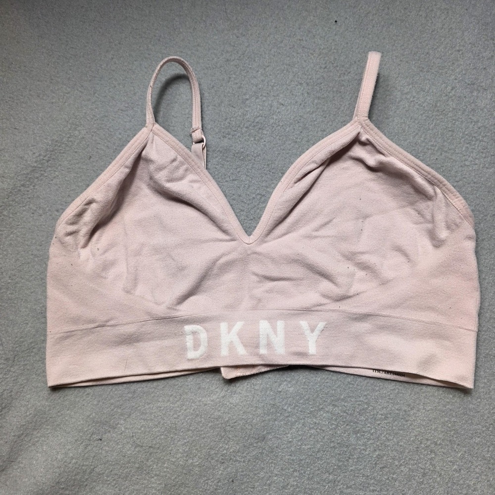 DKNY Bra Large Pink Bralette Wireless Seamless Logo‎ Band V Neck Stretch